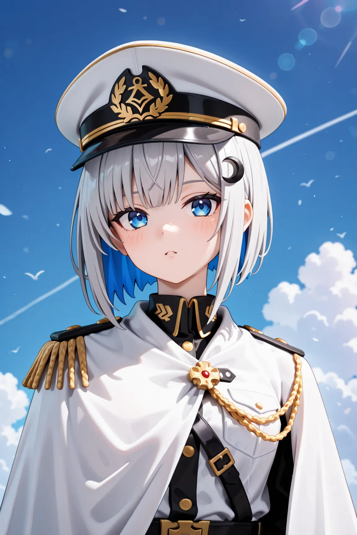 1 girl, neutral face, 10th Generation, The hairstyle is asymmetrical bob hair, Gray Hair, light blue mesh, inner color,  zitoida, A scornful look, Right eye is gold, The left eye is blue, turns her gaze, crescent hair accessory,  hat similar to a hat, mili...