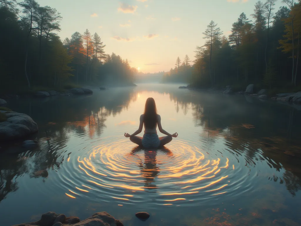 "A woman standing on the edge of a tranquil lake, meditating as ripples of energy radiate from her, blending with the water's surface. The surrounding forest reflects a peaceful glow, symbolizing inner balance and intuitive harmony. Ultra-realistic, 8K, hy...