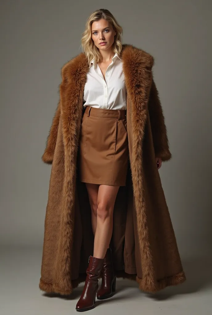 A german woman in a white shirt and brown skirt posing for a picture, in una giacca maxi di skin marrone, indossa un cappotto di skin marrone, Abbigliamento e stivali in skin, wearing a luxury fur coat, che indossa un completo in skin , wearing a brown cap...