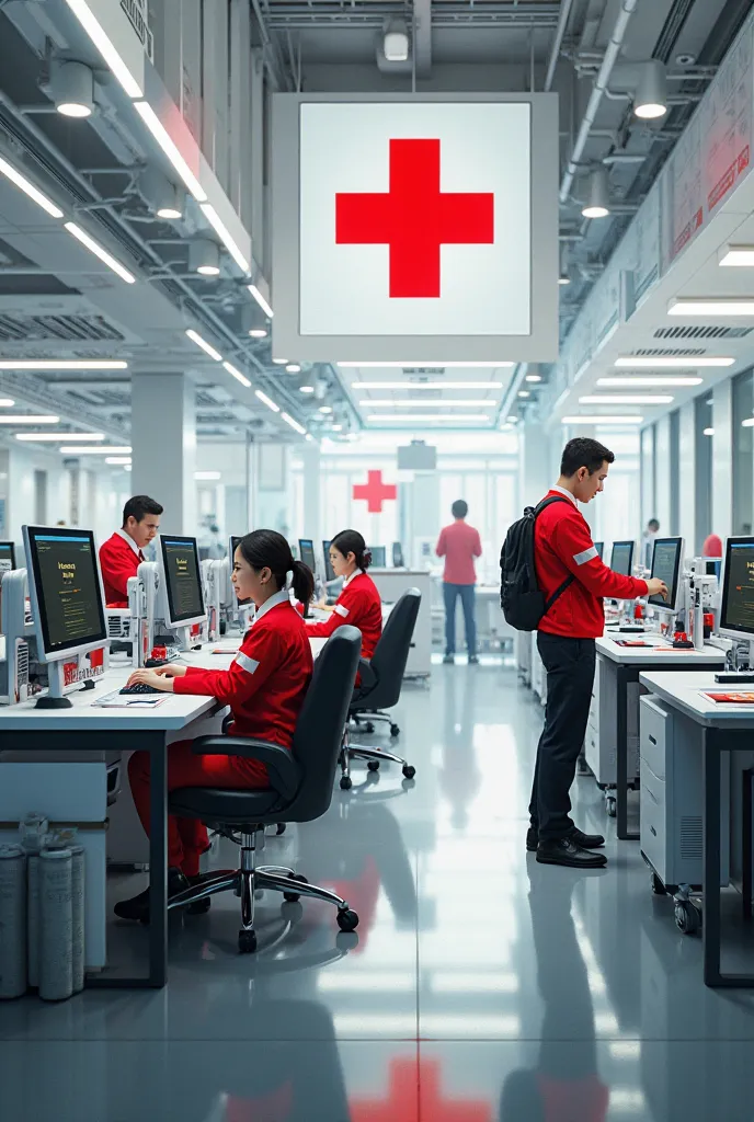 Group drawing of red cross men and women doing administrative work in a computerized room