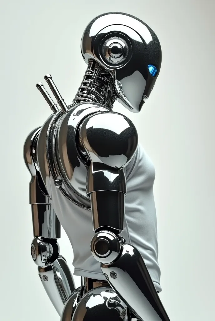 "A fully chrome-plated robot, with a futuristic and polished appearance,  turned on its face . He is wearing a ClassHigh 30.One with a long sleeve, with a 4 cm ribbed collar, which is one of the most classic and desired on the market. The t-shirt has a car...