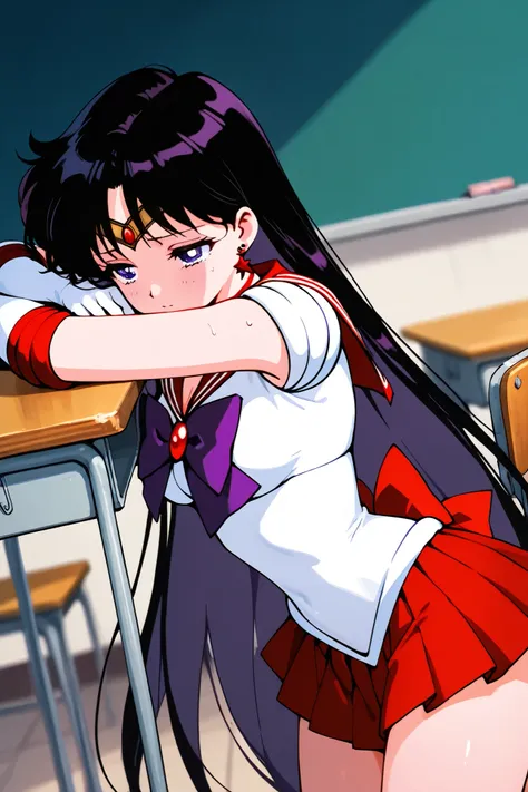 sailor_ mars,1 female,solo,
front,look up,from side,

black hair,headband,long hair,
bangs with a split,colored inner hair,

purple eyes,beautiful eyes,big eyes,
slant eyes,long eyelashes,sleeping eyes,

sailor warrior uniform（1.3）,
red sailor color,white ...