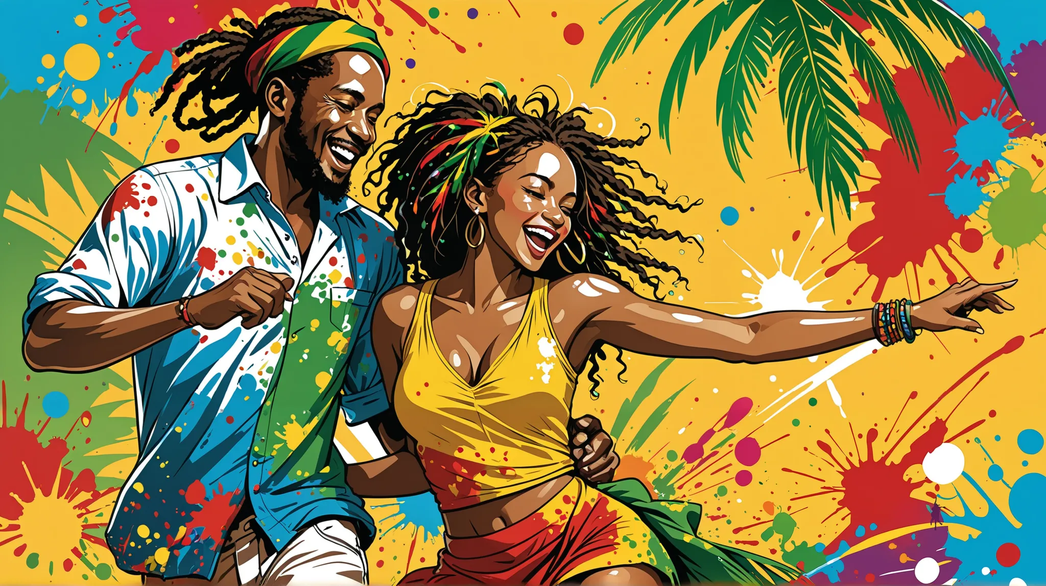  vector art,        lots of Jamaican reggae       ,   authentic Jamaican reggae vibe，  color illustration ,  Vine ,  bright color,        paint splatters and stains       , high detail, 
Palmera, A man and a woman are dancing、  strand,graphic painting 