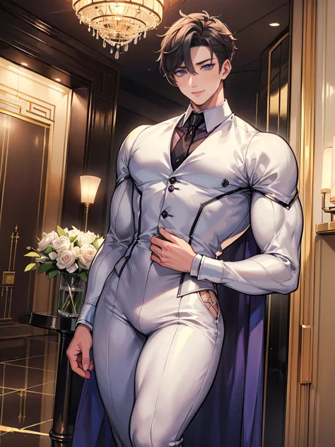  (masterpiece,best quality,ultra_detailed,highres,absurdres), (detailed shadow), (quality light),1 (yaoi_ikemen_male:2.0) (with bulge:1.2), 30-ish, (muscleale focus), (solo:1.8), short black Quiff hair with Soft Fringe (bangs part on side 3:7 ratio), blue ...