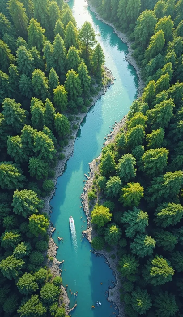 hello I want you to draw a bird's eye view from above. forest and river. let the beginning and end of the picture complement each other, so that the flow is distorted, the beginning and the end appear when the beginning and end merge, let the size of the p...