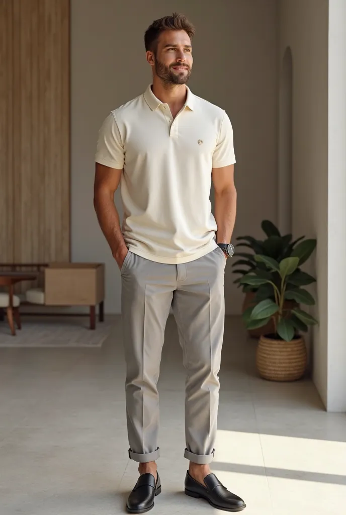 One handsome men wear Off-White Polo T-shirt + Light Grey Chinos + Black Loafers


