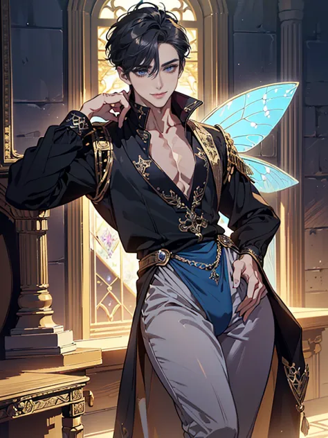 (masterpiece,best quality,ultra_detailed,highres,absurdres), (detailed shadow), (quality light),1 (mature idol male:2.0) (with bulge:1.4), (slanty_eyes), 30-ish, (muscleale focus, solo), short black Quiff hair with Soft Fringe (bangs part on side 3:7 ratio...