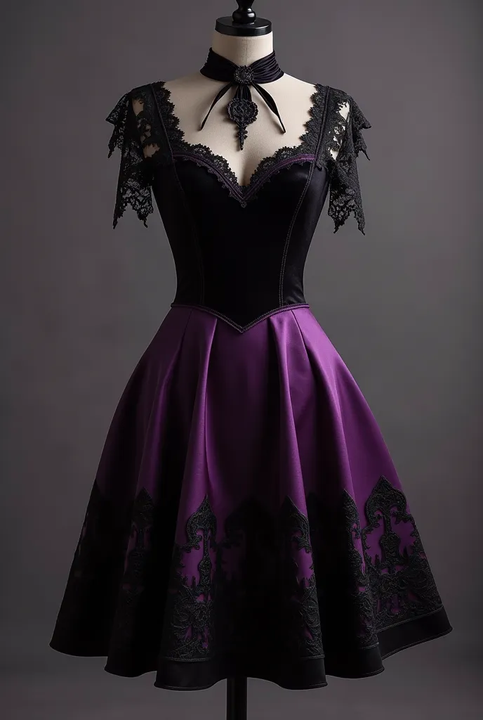 Sexy short A-line dress with lace sleeves in black and purple with satin and velvet fabrics inspired by the gothic metal band Ghost