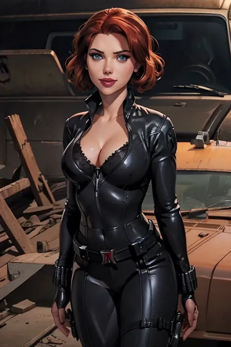 Scarlett Johansson black widow bob hairstyle, red hair color, big breasts kate upton, bright makeup eyelashes, plump lips smile, mascara on eyes. In black shiny spandex.in a latex bra, deep cleavage 