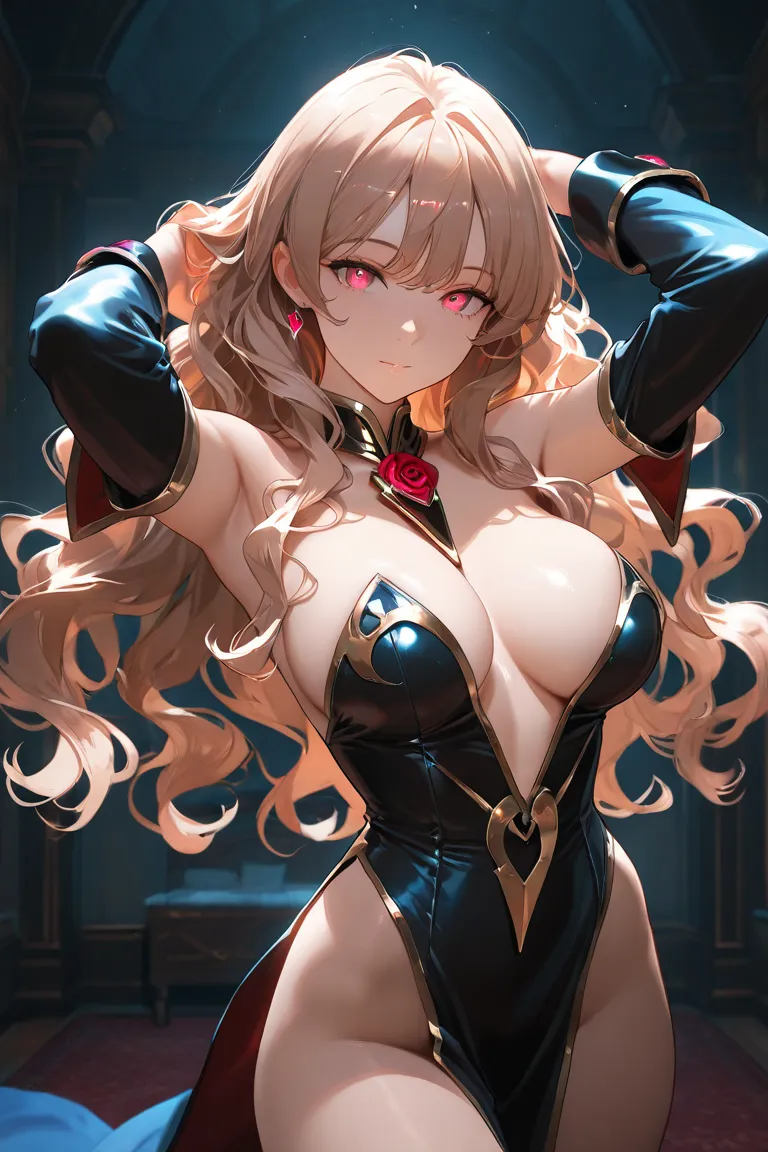 beautiful sexy girl, rose gold wavy hair, bedroom eyes, attractive, top quality, masterpiece, cinematic shot, dark ambience, dynamic pose, mysterious, aesthetic magician outfit, looking at viewer, showing less clothes, fit body