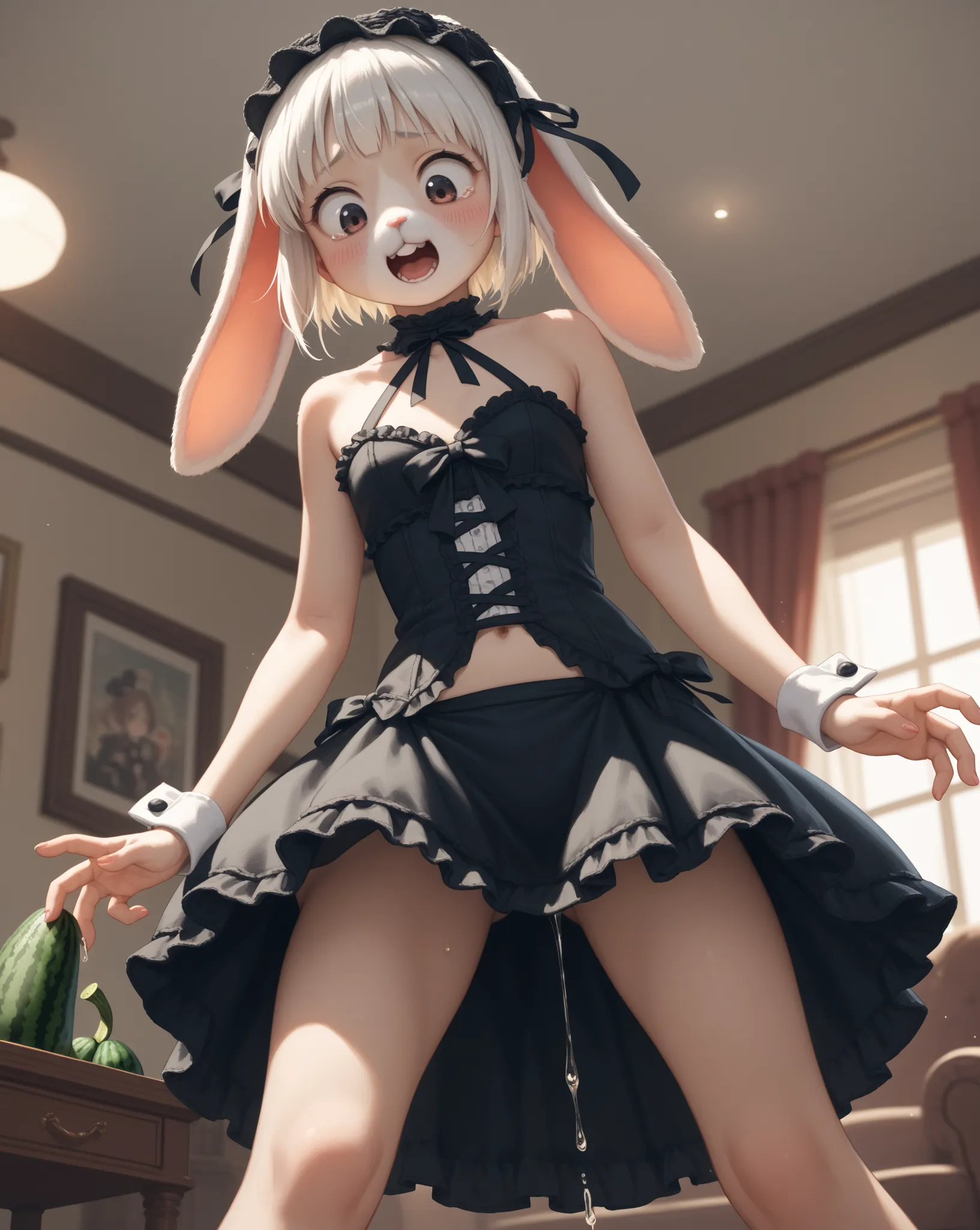 Halter neck gothic lolita costume with little fabric , loincloth style skirt , dripping mucus , Livingroom , dim light , (look down , looking one's crotch) , put in 1 Thin Cucumber from under skirt , look of pain , bend over
, kawaii anime style , petit gi...