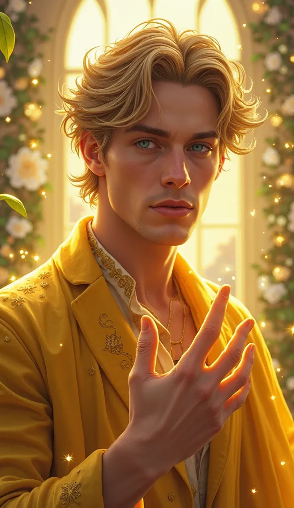 Realistic digital illustration of a very attractive and sensual King , with deep blue eyes and short hair styled in gold tupe. Dressed in yellow tones and creating Light of summer with one hand