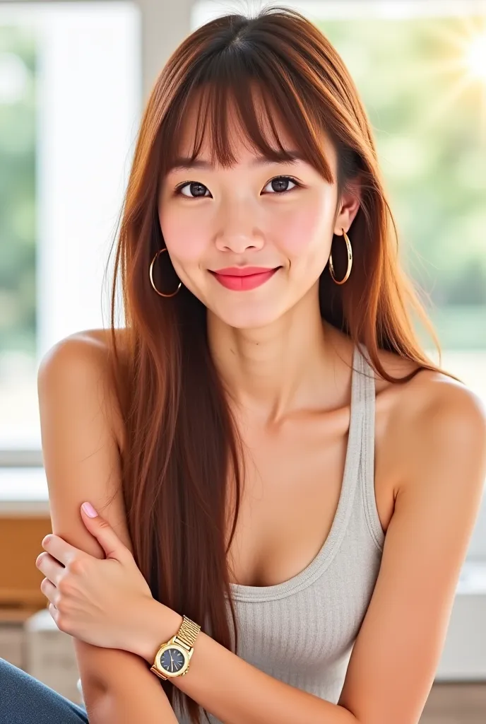 A young woman with long, straight chestnut hair and blunt bangs is sitting in a bright room, doing her morning workout. She has fair skin, delicate facial features, expressive eyes, and a gentle smile that radiates kindness and warmth. Her lips are adorned...