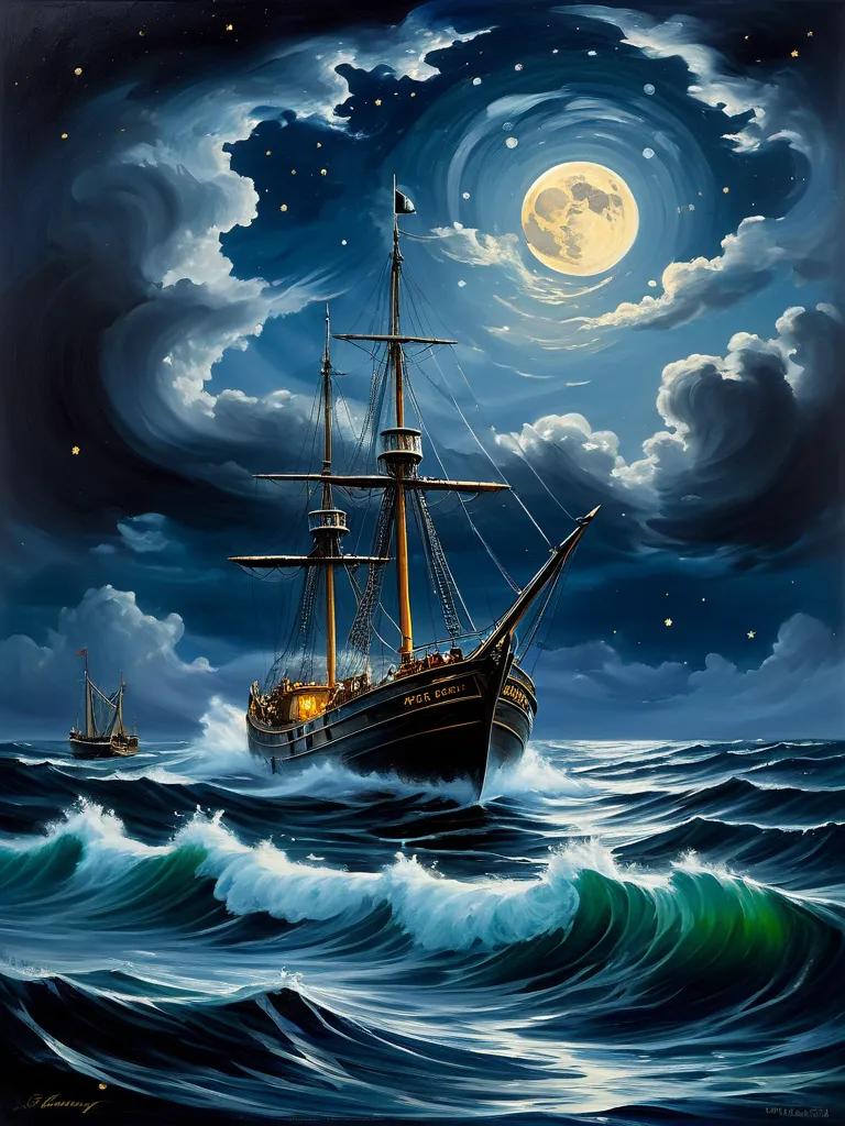 Seascape, ship, night scene, wave, moon, cloud, Real picture（（Oil paints ））Landscape painting,acrycle painting，Brush strokes，With unparalleled realism,ultrawide,ominous skies,Sail ships,Wooden boats,Lotus,Huge waves,Starry night,Harry Potter,voluminetric l...