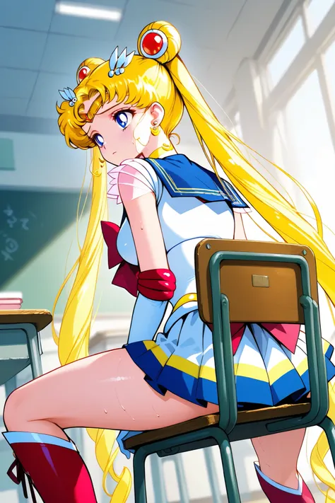 super sailor moon,1 female,solo,
back,look up,from below,

double bang,blonde hair,twin tail,circlet,

Blonde,ponytail,very long hair,
red hair ribbon,bangs with a split,
colored inner hair,

blue eyes,beautiful eyes,big eyes,
slant eyes,long eyelashes,sle...