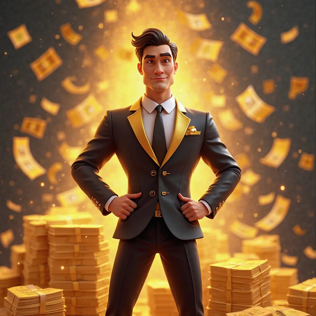 A dynamic and charismatic animated character, designed in a semi-realistic 3D style, standing confidently in front of a background filled with floating money. The character should have a modern and stylish look, wearing a sleek suit with gold accents, exud...