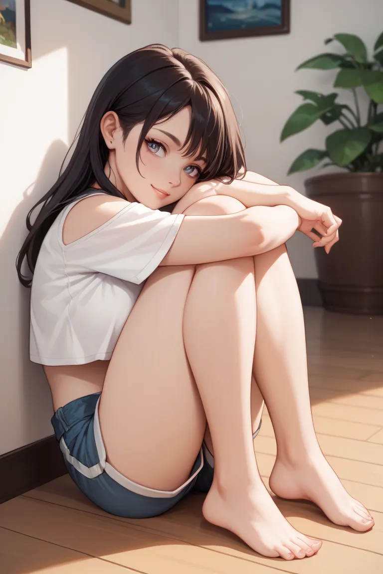 A 13 -  age girl,wearing crop tops and shorts shorts ,barefoot ,sitting on floor and hugging her knees