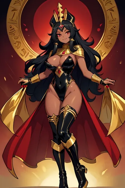 female, long black hair, red eyes, dark skin, (((1girl))), (((black leotard with gold trim))), (black fingerless opera gloves), (gold armbands), (black thigh high heeled boots with gold trim), (gold Egyptian headdress), (red cape), cute and sexy, full body...