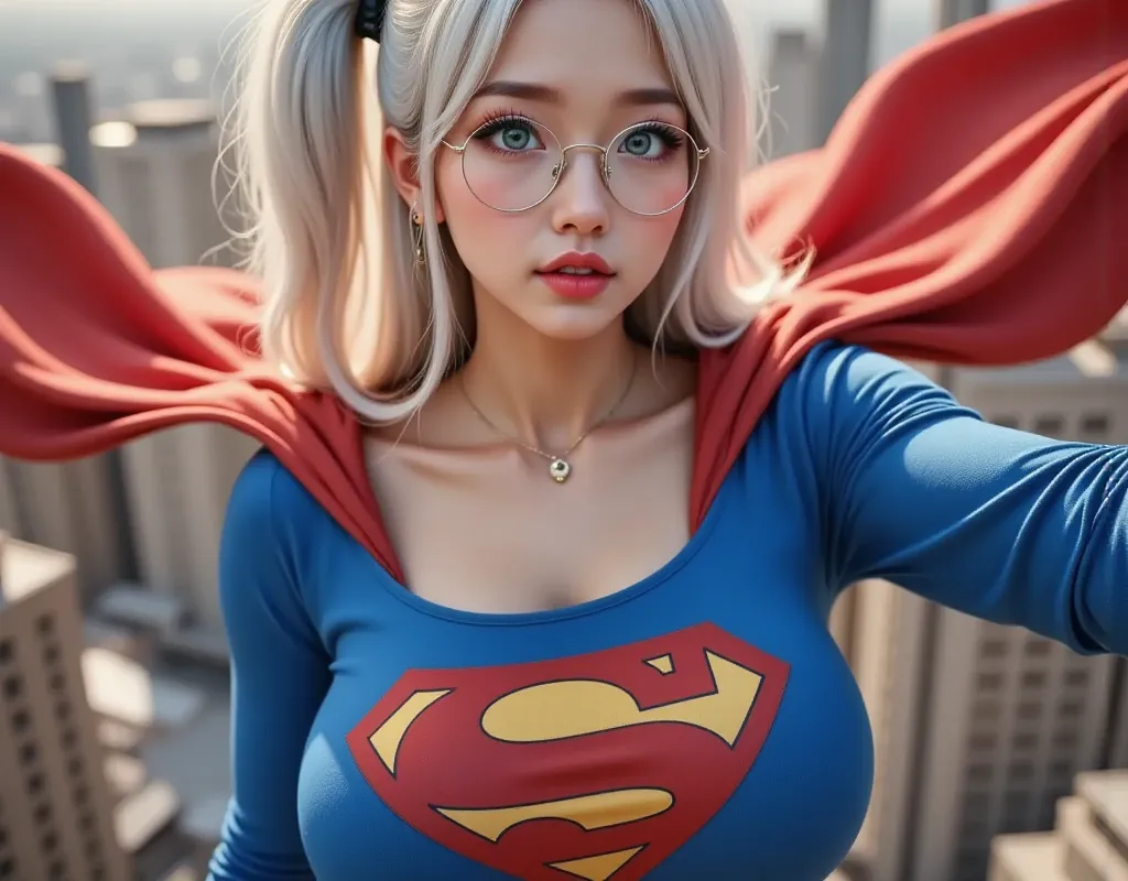 3D RENDERED, PHOTO REALISTIC. A SEXY CUTE ASIAN nerdy GIRL AS SUPERMAN WITH LONG WAVEY WHITE HAIR AS SUPERMAN FLYING TAKING A SELFIE, HER BABY BLUE EYES GLISTENING IN THE SUNLIGHT, LARGE PERKY BREASTS, HAIR UP IN A ELEGANT FORM, GLASSES, WEARING A THICK BL...