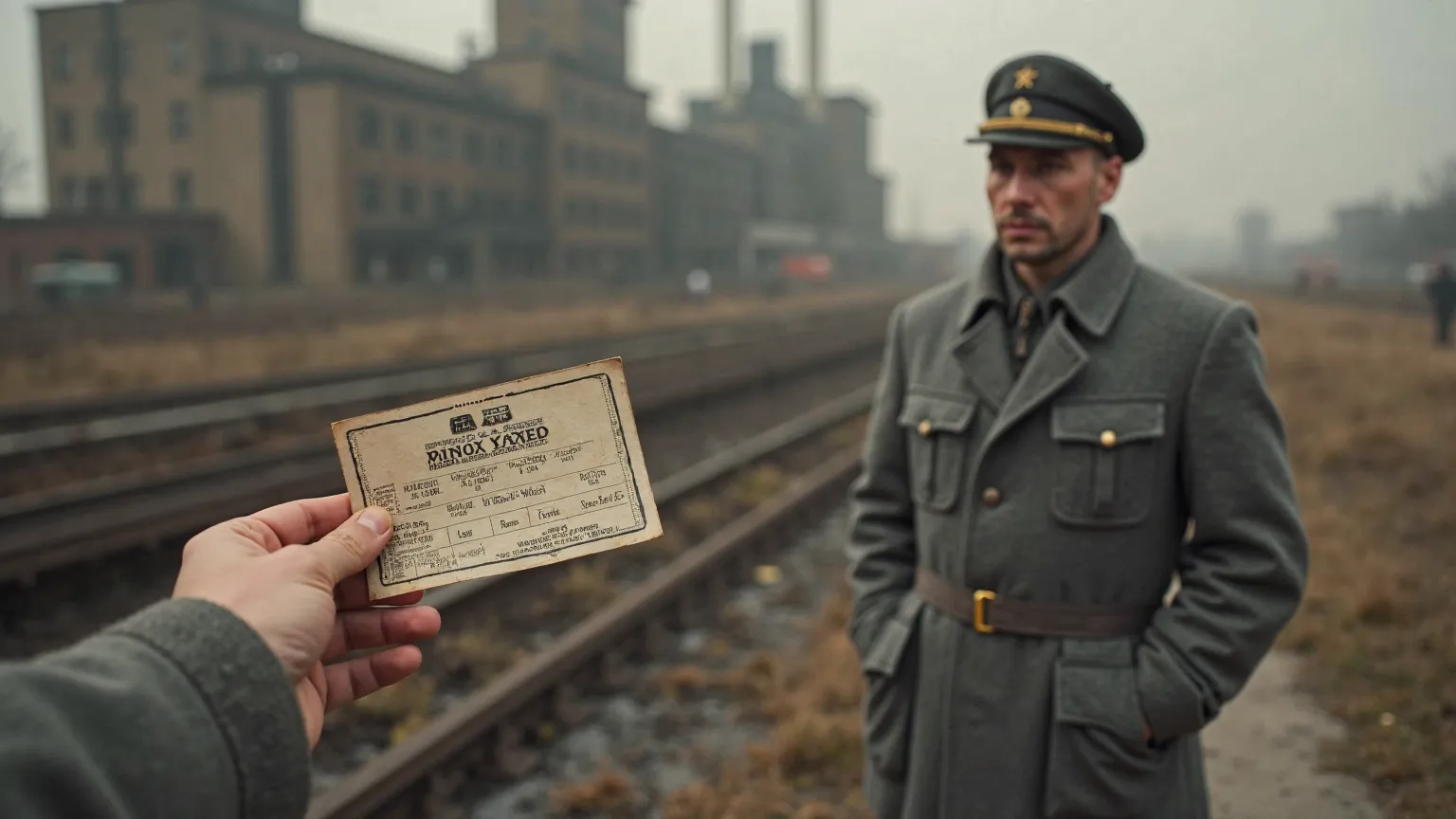 👉 A hand holding a ration card instead of bills.  In the background, a huge state factory distributing basic products. the Soviet man, dressed in his gray coat, looks at the card with a thoughtful look.

