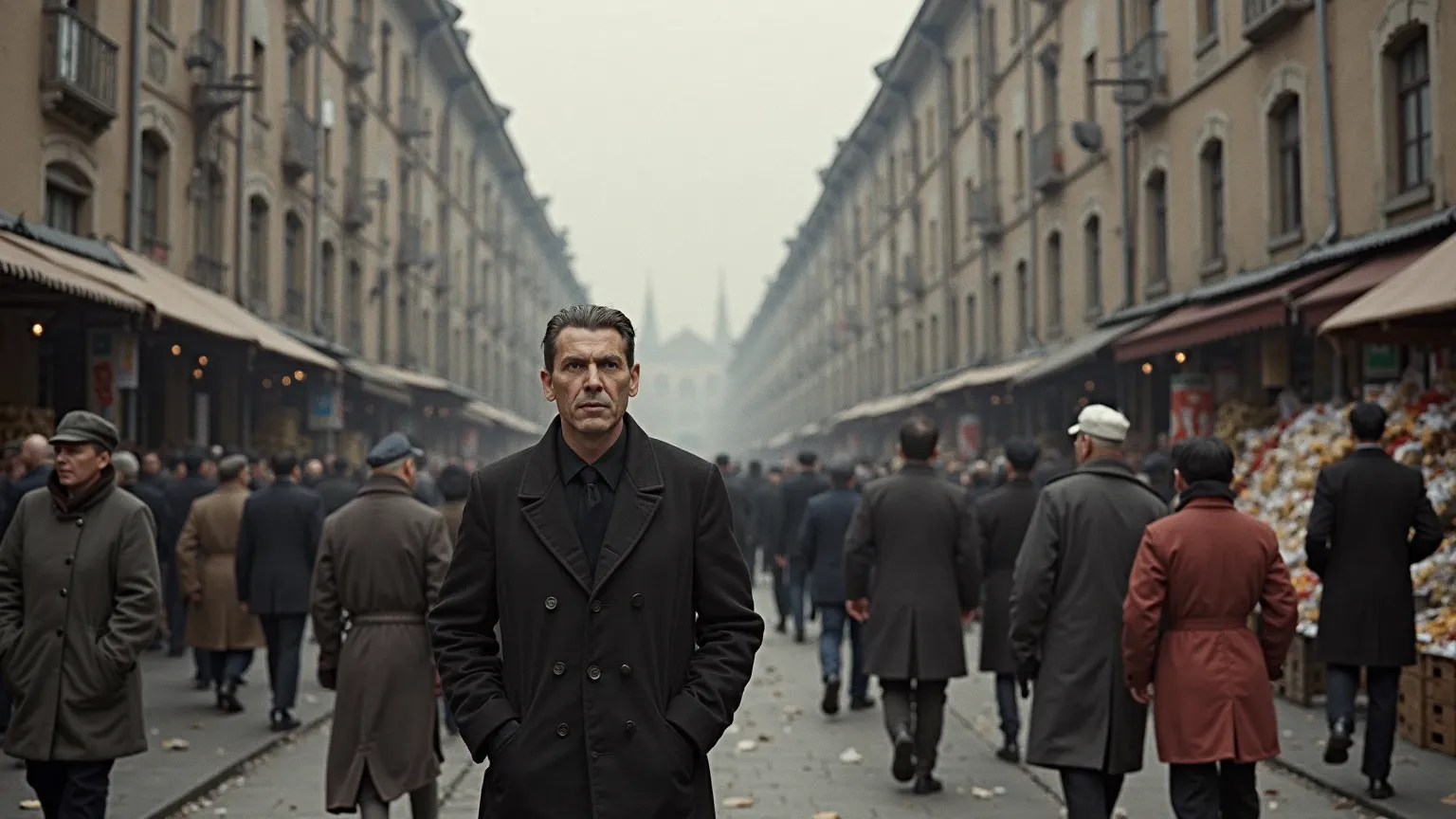 👉 A city with identical apartment blocks, all the citizens dressed the same,  no frills , but without indigents. A market with almost empty shelves, but with people buying desperately. The Soviet man walks through the crowd with a serious expression.

