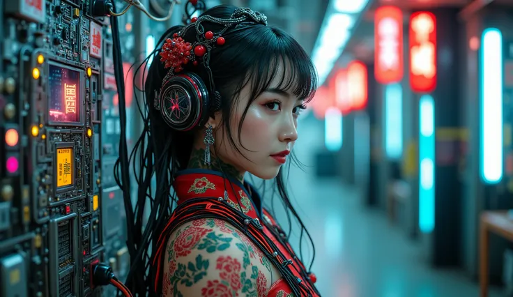 cheongsam, by ilya kuvshinov, raw photo, 35mm photograph, bokeh, best quality, masterpiece, Very aesthetic, perfect composition , intricate details, ultra-detailed, High technology , futurist , Chica cyborg , (Photorealistic: 1.4 ) , long hair made of cab...