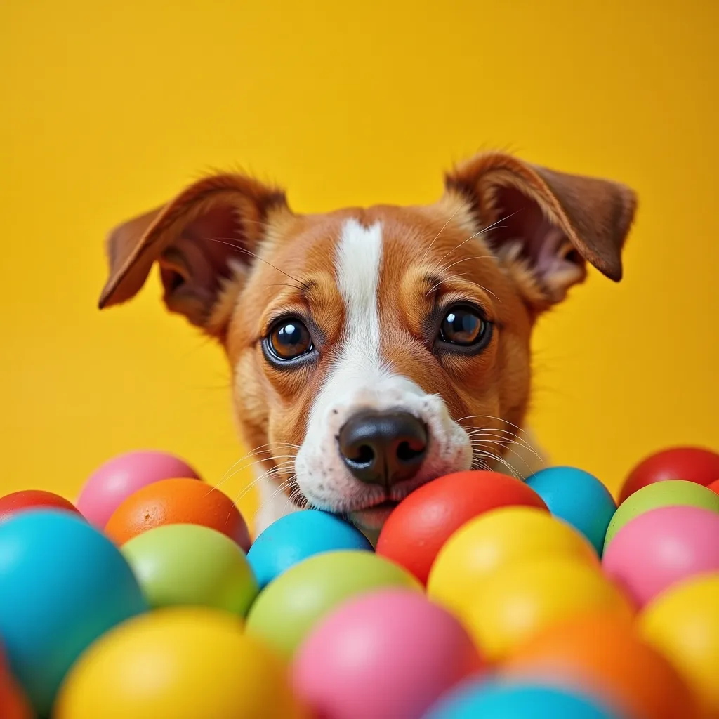 The image shows a funny scene: The dog looks out of a pile of bright, colorful eggs. Its face is surrounded by yellow eggs,  red , blue, in green and pink. The dog's ears are raised, and its expression looks friendly and playful. The background is complete...