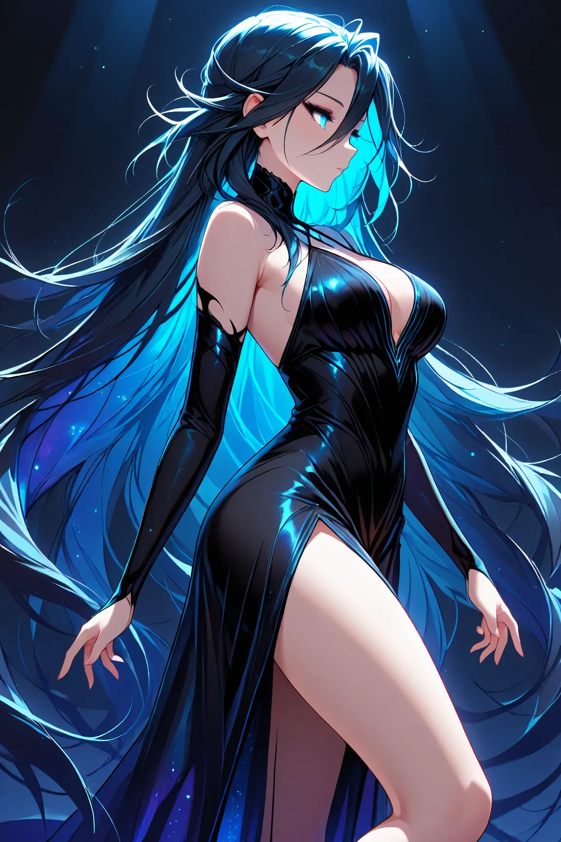  Nyx (Goddess of night) , 1 girl, solo, stands sideways ,side view, glow hair,  Majestic look, sexy Stockings, slit dress , legs, glow clothes, extremely detailed face, detailed eyes, Greatest Masterpiece, TOP QUALITY, 8k,