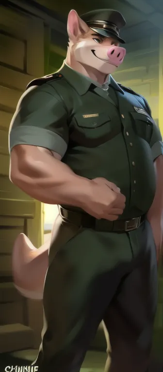 Solo, giant male Tall,model, big​ body,​standing, den,Pink pig  otter ​ , black green Army uniform,tail pig lobg, overweight, muscular, smirking, by chunie​