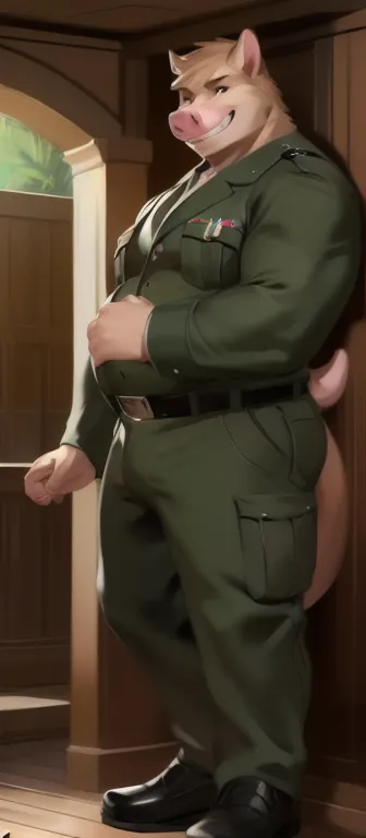 Solo, giant male Tall,model, big​ body,​standing, den,Pink pig  otter ​ , black green Army uniform,tail pig lobg, overweight, muscular, smirking, by chunie​