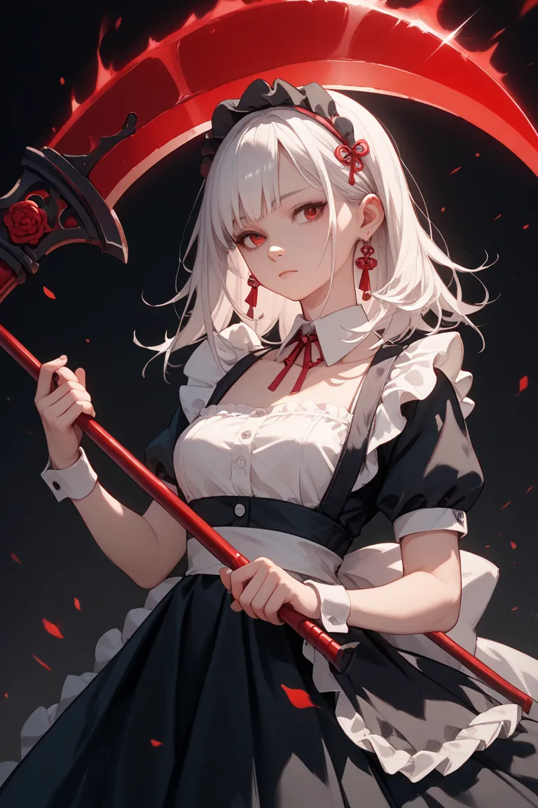 nsfw,Hold a large scythe with a red aura in one hand、black maid outfit、pretty girl、up your upper body、Long white hairstyle、Japanese anime style