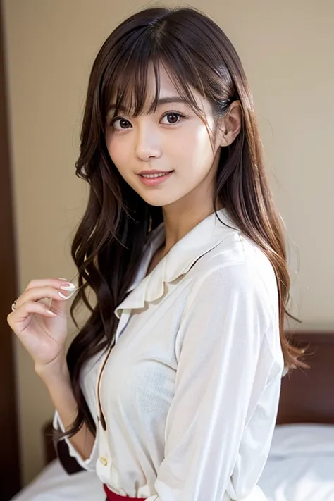 young woman posing on the bed,I'm wearing a white shirt with a big collar, beautiful Japanese girl face wearing a ring on her finger、Cute beautiful face,  pretty face,  Japanese models、camera、 beautiful eyes in every detail 、 cute smile、kind expression 