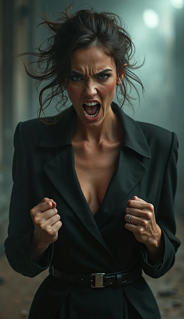 Photorealistic, ultra-detailed, cinematic lighting, 8K resolution.
An angry woman is standing in a moment of emotional eruption, with her face clearly showing anger, frustration, and fury. Her eyes are glaring intensely, her eyebrows furrowed, and her jaw ...