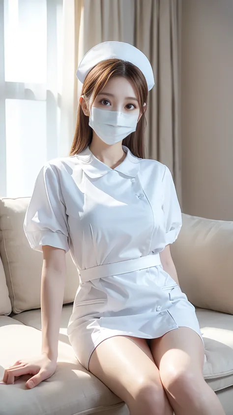 (table top with sofa bed、top quality、8k、winning work、 ultra high definition )、(Beautiful nurse:1.1)、(perfect white nurse uniform:1.1)、( white mask:1.1)、accurate anatomy、(  The background of the hospital room is strongly blurry:1.1)、 Very bright white light...