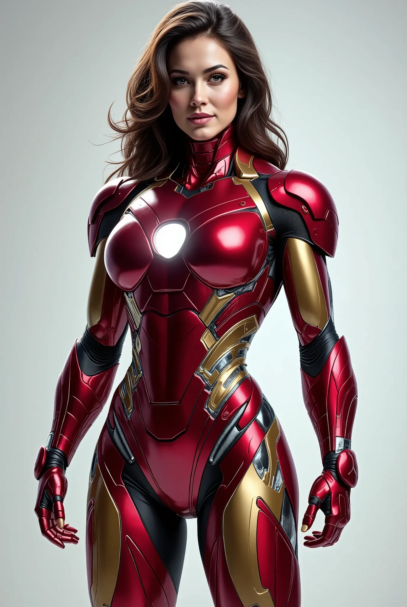 girl dressed as Iron Man from Marvel , big breasts , frontal , full-length , looking at the camera , facing the audience , standing pose , simple background , three-dimensional light , detailed full-body concept , sleek digital concept art , beautiful full...