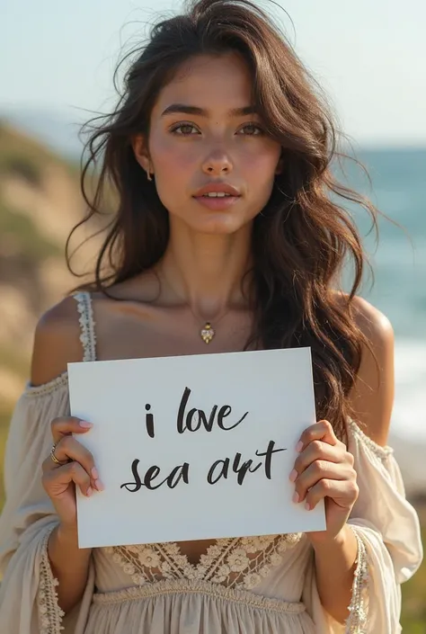 Beautiful girl with wavy long hair, bohemian dress, holding a white board with text "I Love Seaart Infinity" and showing it to the viewer