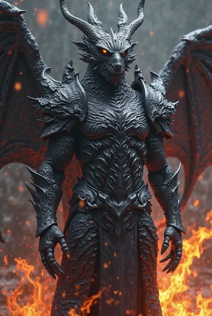 Une armure  qui  ressemble  a un dragon avec  des flammes  noir  autour  est une tête  de dragon  derrière 