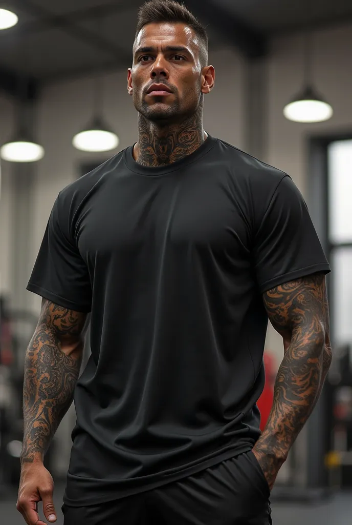 "Generate an ultra-realistic dark-skinned model with short hair and brown eyes. The model is strong and has tattoos all over his body. He is wearing a very large, loose-fitting plain black t-shirt with no print or branding and gym shorts, in a modern gym."