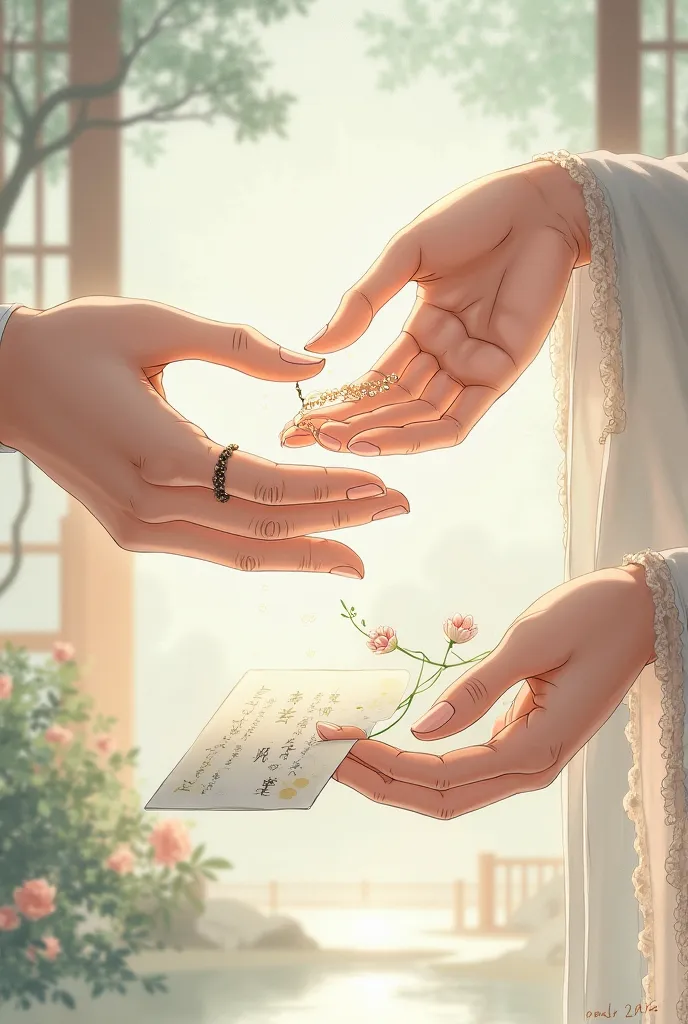 The hand, giving the bracelet and letter to the hand. Anime, ancient china