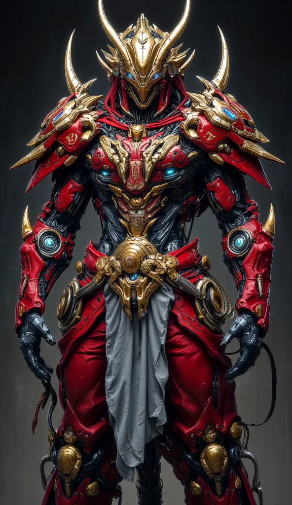 Describe a fantasy creature that resembles a strong and fierce robot knight or mecha. He wears a golden dragon-head helmet with horn-like ornaments on the top, covering most of his face, giving a mysterious impression. Red body armor with gold accents ador...