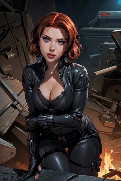 Scarlett Johansson black widow bob hairstyle, red hair color, big breasts kate upton, bright makeup eyelashes, plump lips smile, mascara on eyes. In black shiny spandex.in a latex bra, deep cleavage, black widow gloves, seductive expression, 