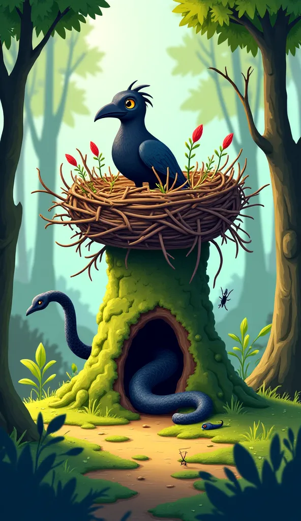  A cartoon of a crow's nest in front of a black snake burrow 