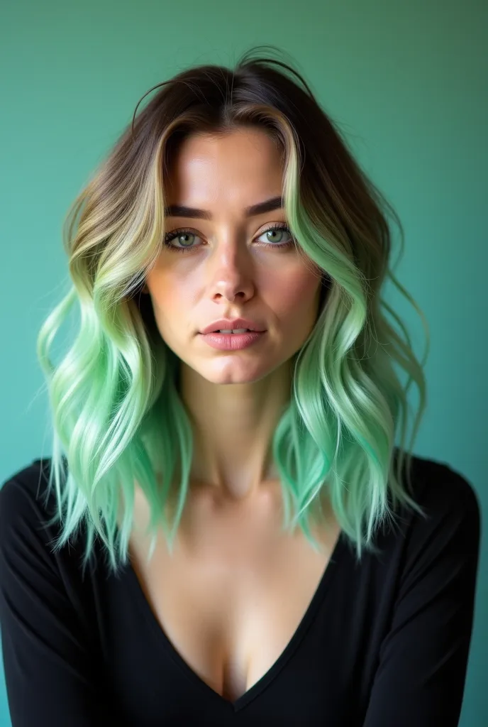 a woman with green hair and a black top posing for a photo, wavy green hair,  brown with dyed blonde hair , green flashes, shoulder-length wavy hair, brown hair with light blue tips,  Medium-length hair , turquoise fur, Color portrait, Some vivid turquoise...