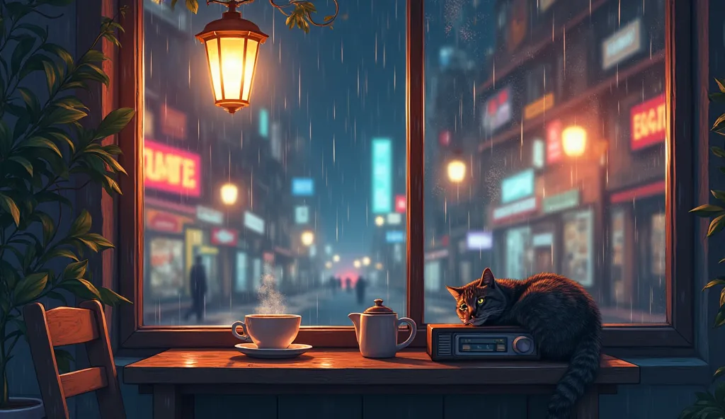 “Anime-style cozy nighttime cityscape with a warm and nostalgic atmosphere. A small café with soft glowing lanterns, a steaming cup of coffee on a wooden table by the window. Raindrops trickling down the glass, reflecting colorful neon signs from nearby sh...