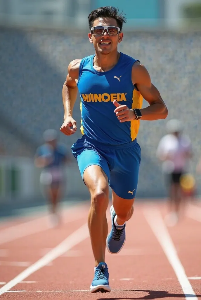  Main scene :**
A visually impaired running athlete is in full action, running on an athletics track, with your guide. He wears a professional sports uniform, with vibrant colors (like blue and yellow, symbolizing energy and determination). He is accompani...