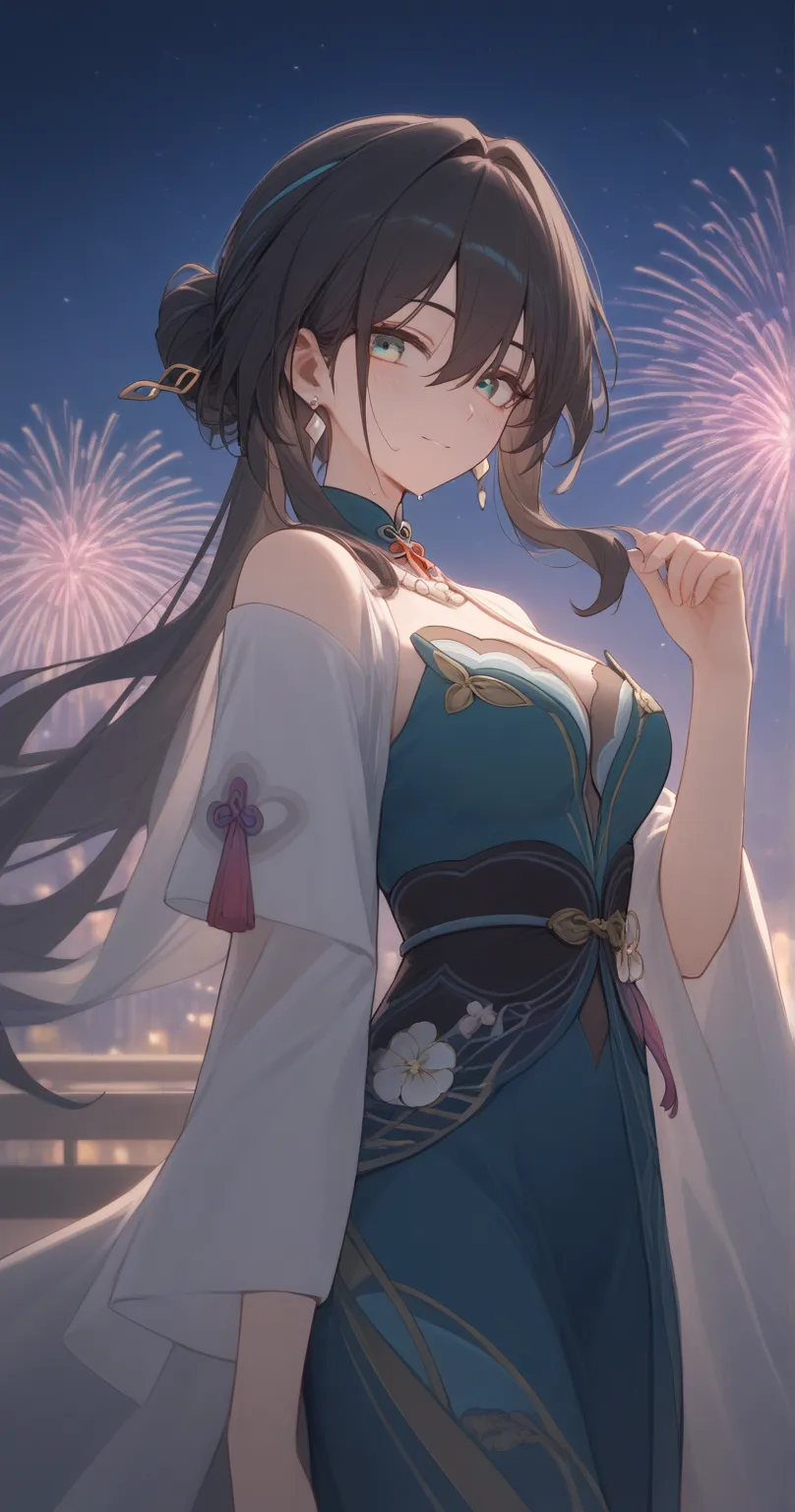 solo, pearl earrings, hairpin, ruan mei, black hair, aqua eyes, long hair, hair bun, single hair bun,sidelocks, streaked hair, hair between eyes,(bangs),jewelry,(looking at viewer),(yukata)
BREAK
1 girl, medium breasts, slender body,slim waist ,(oblong fac...