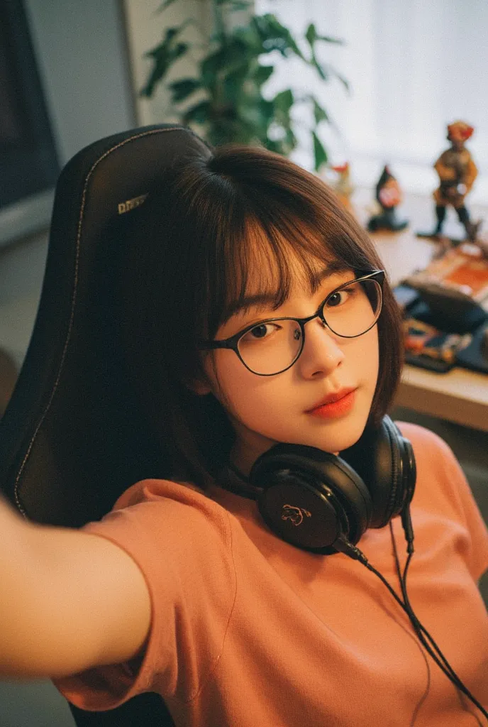 photorealistic, 1 girl , chinese woman taking selfie, sitting on gaming chair, headphones around neck, glasses, bangs, short hair, detailed facial features, calm expression, natural posture, 8K, ultra-detailed, realistic, physically-based rendering, profes...