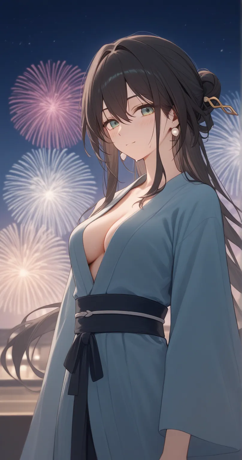 solo, pearl earrings, hairpin, ruan mei, black hair, aqua eyes, long hair, hair bun, single hair bun,sidelocks, streaked hair, hair between eyes,(bangs),jewelry,(looking at viewer),(yukata)
BREAK
1 girl, medium breasts, slender body,slim waist ,(oblong fac...