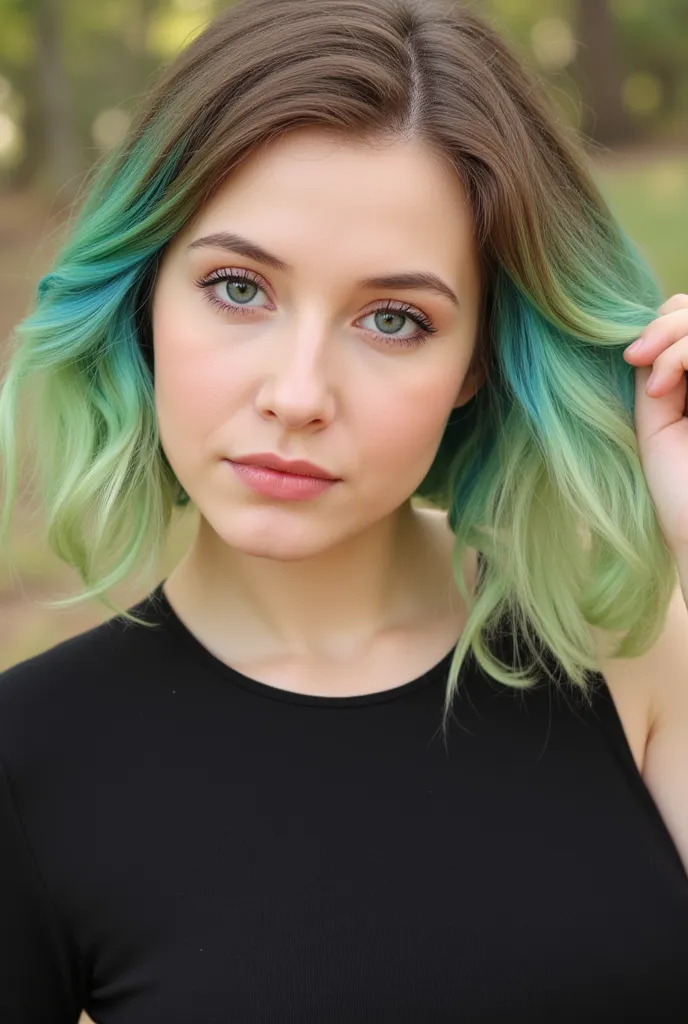 a woman with green hair and a black top posing for a photo, wavy green hair,  brown with dyed blonde hair , green flashes, shoulder-length wavy hair, brown hair with light blue tips,  Medium-length hair , turquoise fur, Color portrait, Some vivid turquoise...