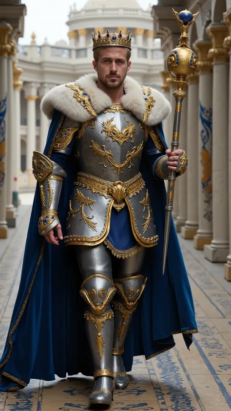 Ryan Gosling reimagined as a Medieval King walking and holding a golden scepter､dramatic atmosphere, 1 male､ 

Short, neatly styled golden-blonde hair, piercing blue eyes, and strong. A regal golden crown, adorned with sapphires and white diamonds, rests u...